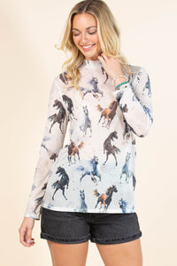 Galloping Horses Print Semi Sheer Print Mesh Top