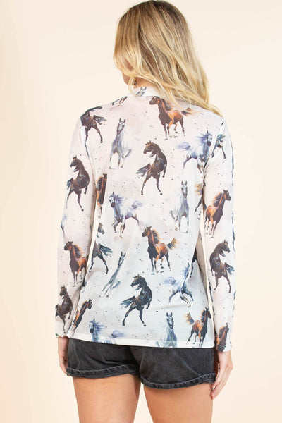 Galloping Horses Print Semi Sheer Print Mesh Top