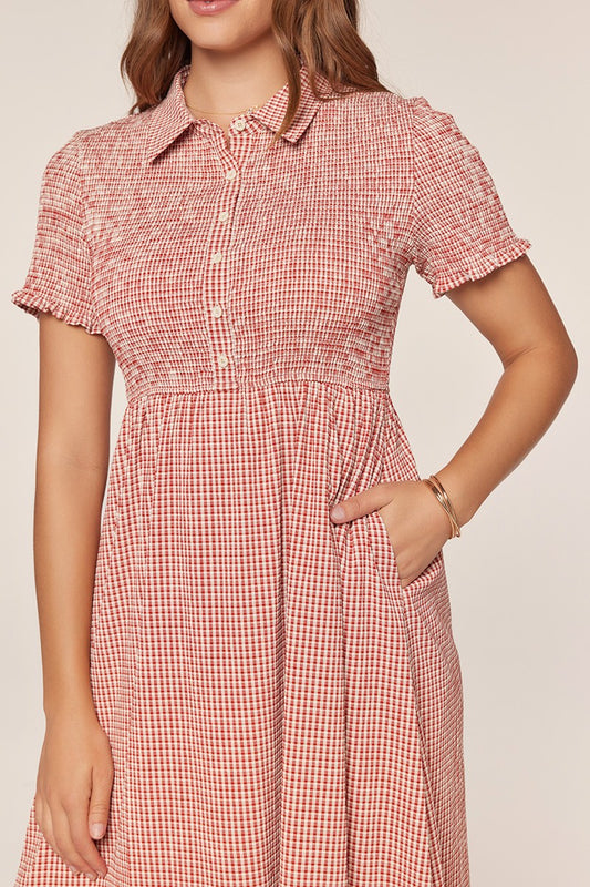 Smocked Detail Gingham Dress