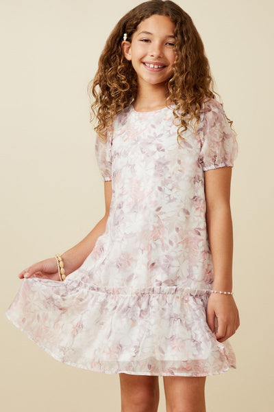 Girls Soft Organza Floral Ruffle Detail Dress