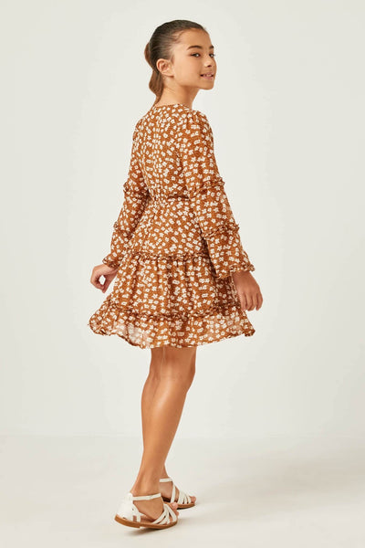 Girls Ruffled Floral Trumpet Sleeve Dress in Camel