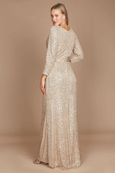 This elegant long sleeve gown features a deep V-neckline and a full back. The silhouette is highlighted with a high slit that blends with the train.