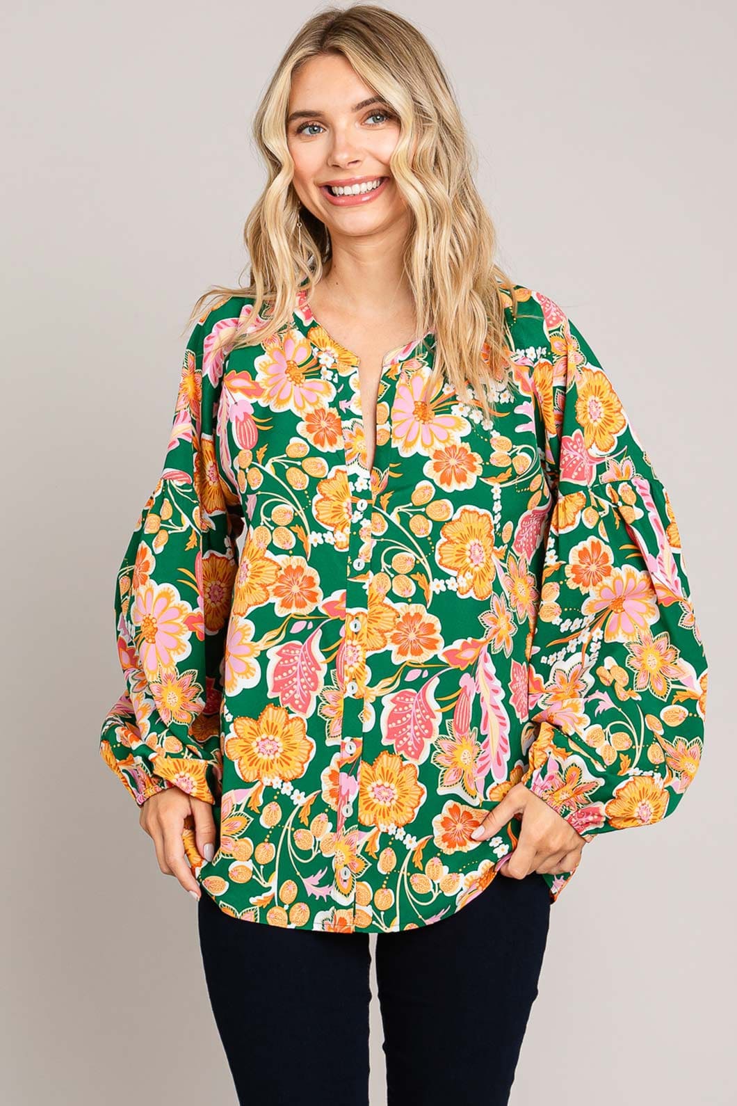 Vivid Color Big Flower Prints Button Down Front