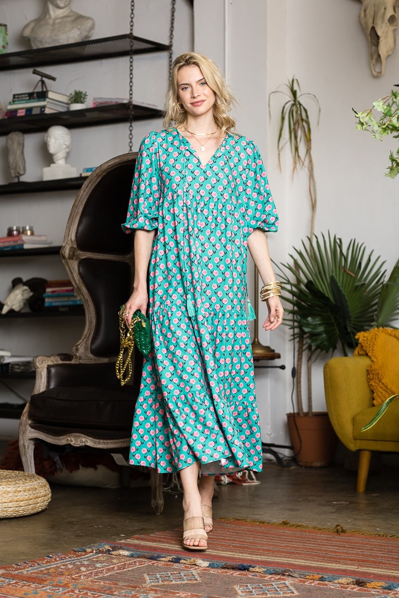 Three Quarter Puff Sleeve Maxi Dress