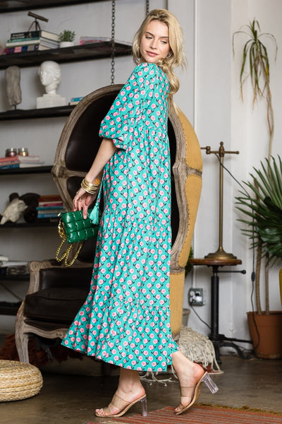 Three Quarter Puff Sleeve Maxi Dress