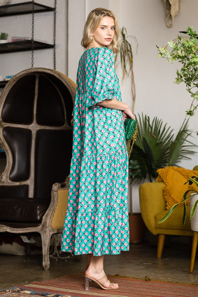 Three Quarter Puff Sleeve Maxi Dress