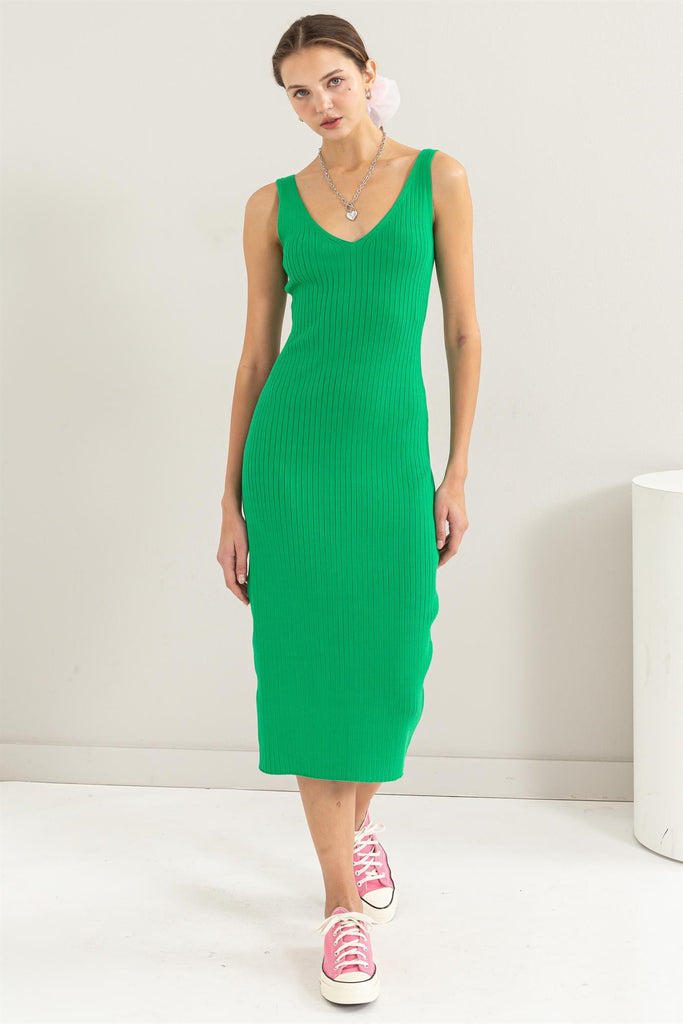 V-Neck Ribbed Bodycon Midi Dress Green / Small V-Neck Ribbed Bodycon Midi Dress Green / Small
