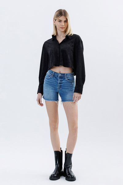High Rise Raw Hem Denim Shorts