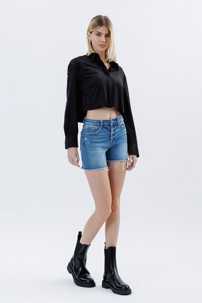 High Rise Raw Hem Denim Shorts