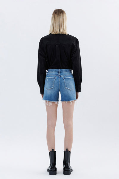 High Rise Raw Hem Denim Shorts