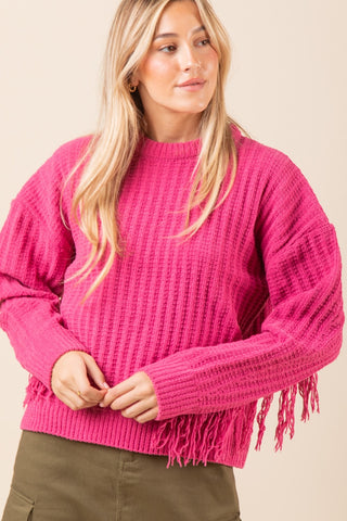 Fringe Sleeve Sweater in Hot Pink