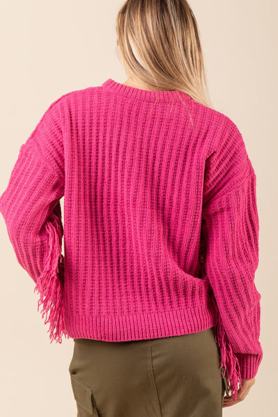 Fringe Sleeve Sweater in Hot Pink