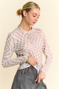 Checkered Mesh Long Sleeve Top