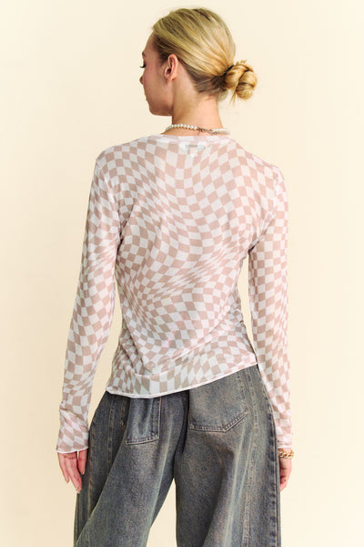 Checkered Mesh Long Sleeve Top