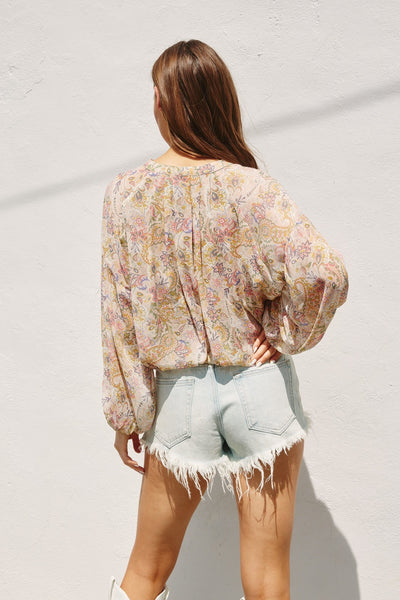 Paisley Button Down Shirred Top
