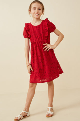 Girls Floral Lace Ruffled Short Sleeve Dress