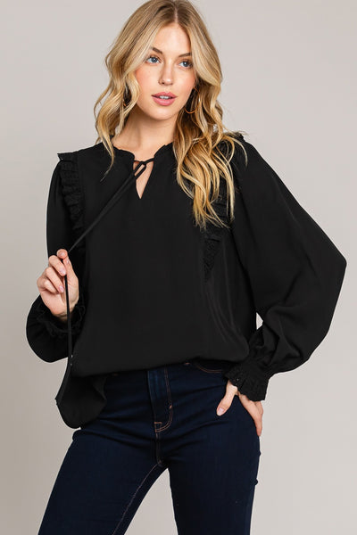 Lace Trim Ruffle Detail Blouse in Black (Extended Sizes)