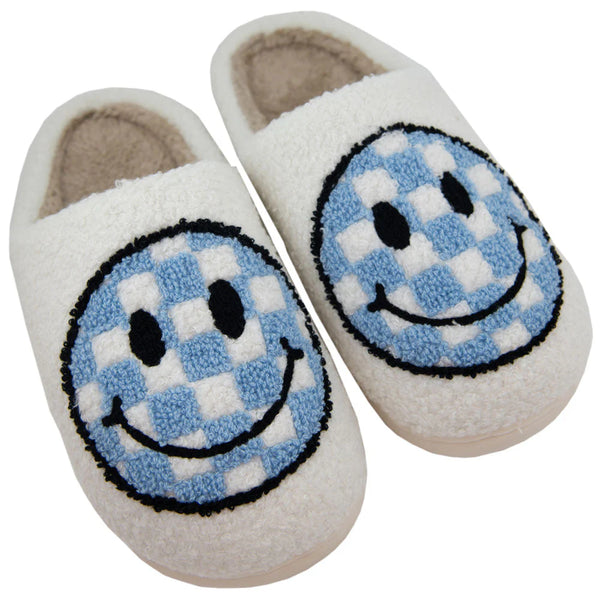 Light Blue Checkered Pattern Happy Face Slippers