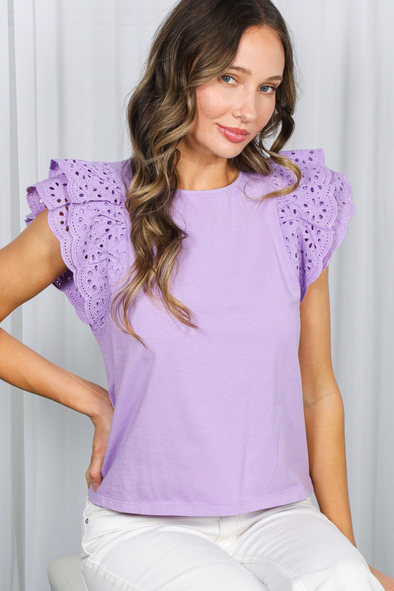 Eyelet Lace Ruffle Sleeve Cotton Top - Lulu Bella Boutique