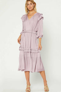 Bubbled Tier Detail Long Sleeve Midi Dress in Lilac