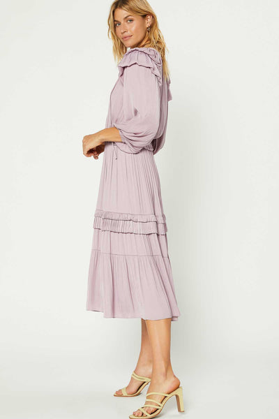 Bubbled Tier Detail Long Sleeve Midi Dress in Lilac