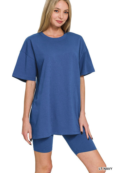 Cotton Round Neck Top & Biker Shorts