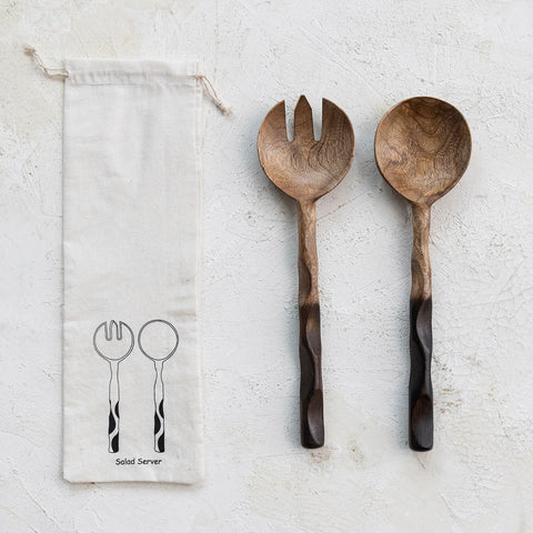 Mango Wood Salad Servers in Drawstring Bag