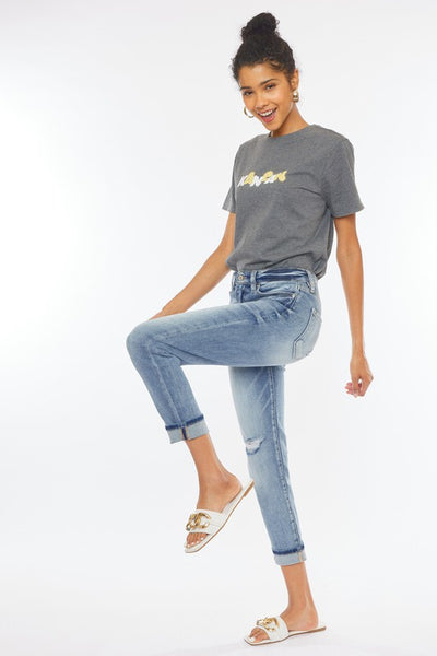 Medium Wash High Rise Cuffed Mom Jeans