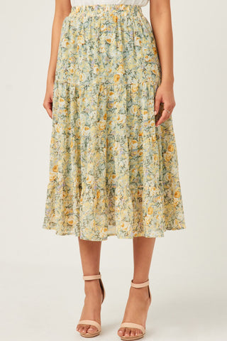 Chiffon Floral Tiered Elastic Waist Midi Skirt
