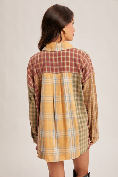 Mix Plaid Oversized Snow Wash Button Down Shirt