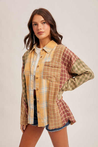 Mix Plaid Oversized Snow Wash Button Down Shirt