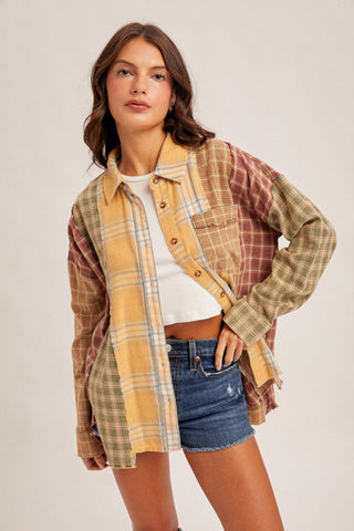 Mix Plaid Oversized Snow Wash Button Down Shirt