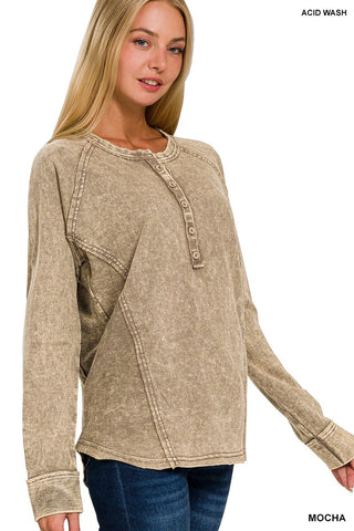 This Mineral Wash Terry Henley Top is a wardrobe staple for any wardrobe. Its mineral wash and raw details give it a unique, stylish look. Keep it classic with this trendy henley top perfect for any occasion.  - 100% COTTON FRENCH TERRY - RAW HEM - BACK PATCH - SEAM DETAILS - BUTTON HENLEY NECKLINE