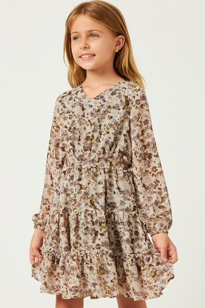 Girls Floral Print V-Neck Smock Waist Tiered Mini Dress