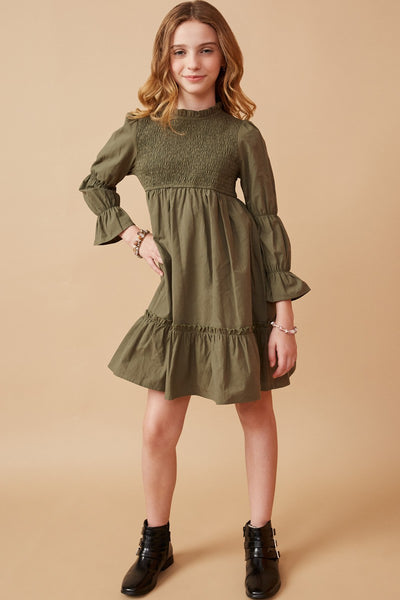 Girls Poplin Smocked Bodice Peasant Sleeve Dress in Olive