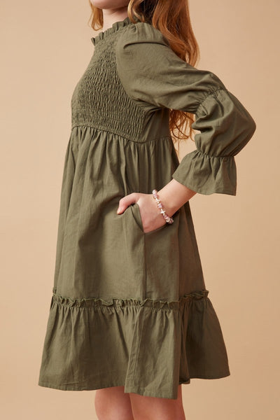 Girls Poplin Smocked Bodice Peasant Sleeve Dress in Olive