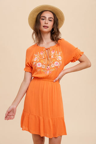 Embroidered Dress with Ruffle Collar