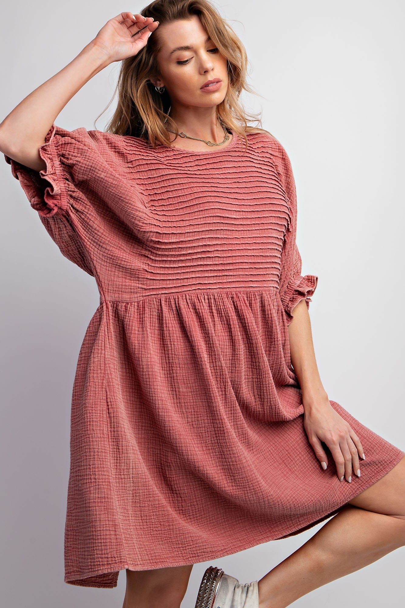Mineral Washed Cotton Gauze Mini Dress Cordovan / Large Mineral Washed Cotton Gauze Mini Dress Cordovan / Large