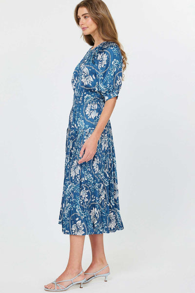 Floral Printed Midi Dress W/ Pleat Detail Skirt - Lulu Bella Boutique