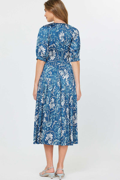 Floral Printed Midi Dress W/ Pleat Detail Skirt - Lulu Bella Boutique
