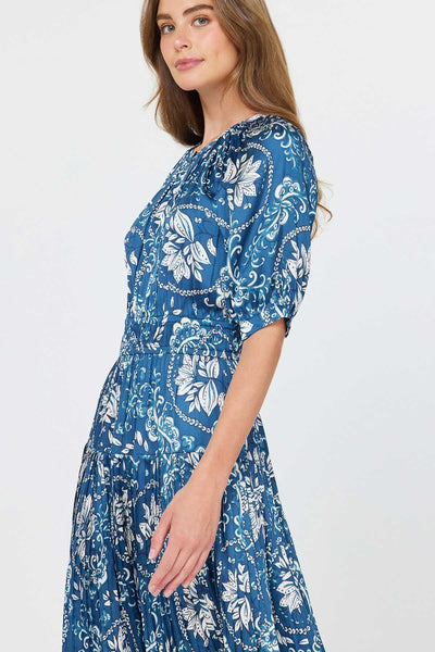 Floral Printed Midi Dress W/ Pleat Detail Skirt - Lulu Bella Boutique