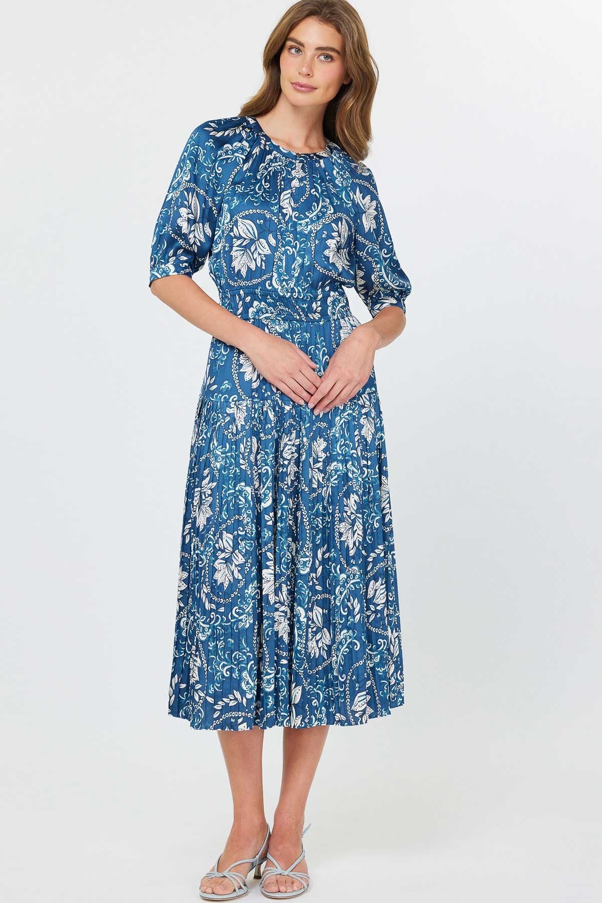 Floral Printed Midi Dress W/ Pleat Detail Skirt - Lulu Bella Boutique