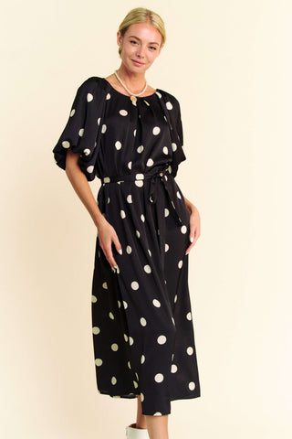 Polka Dot Puff Sleeves Waist Tie Midi Dress