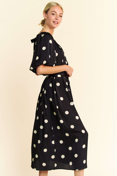 Polka Dot Puff Sleeves Waist Tie Midi Dress - Lulu Bella Boutique