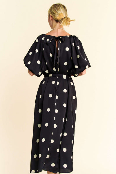 Polka Dot Puff Sleeves Waist Tie Midi Dress - Lulu Bella Boutique