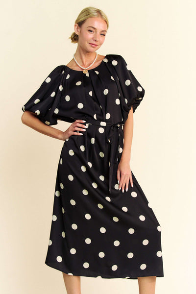 Polka Dot Puff Sleeves Waist Tie Midi Dress - Lulu Bella Boutique