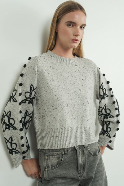 Embroidered Pom Sleeve Sweater