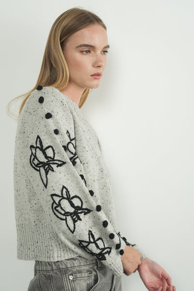 Embroidered Pom Sleeve Sweater