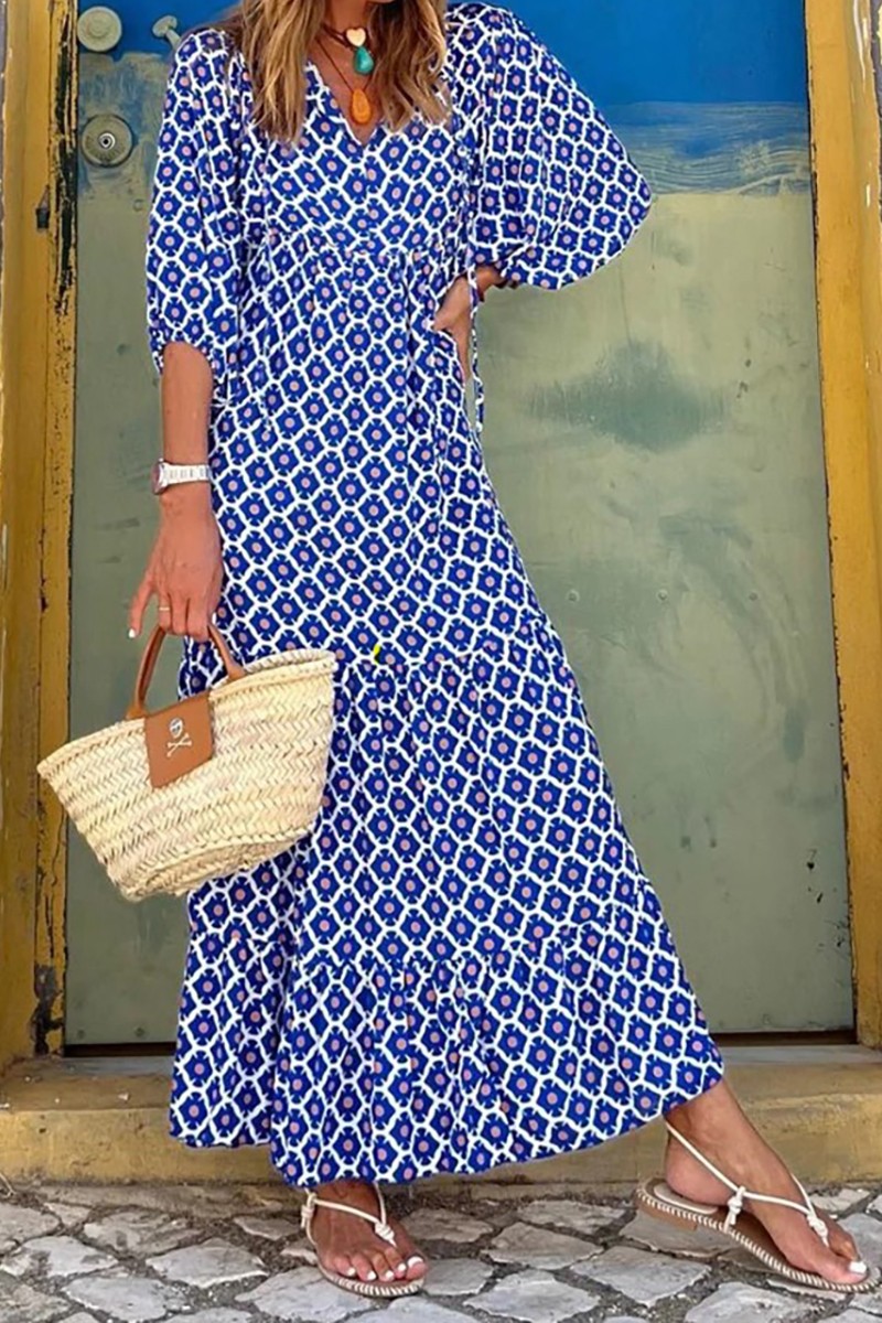 chinese dress ladies Women's Geometric Print V Neck Lantern Sleeve Maxi Dress Casual Daily Vacation 3 4 Length Sleeve Summer Spring