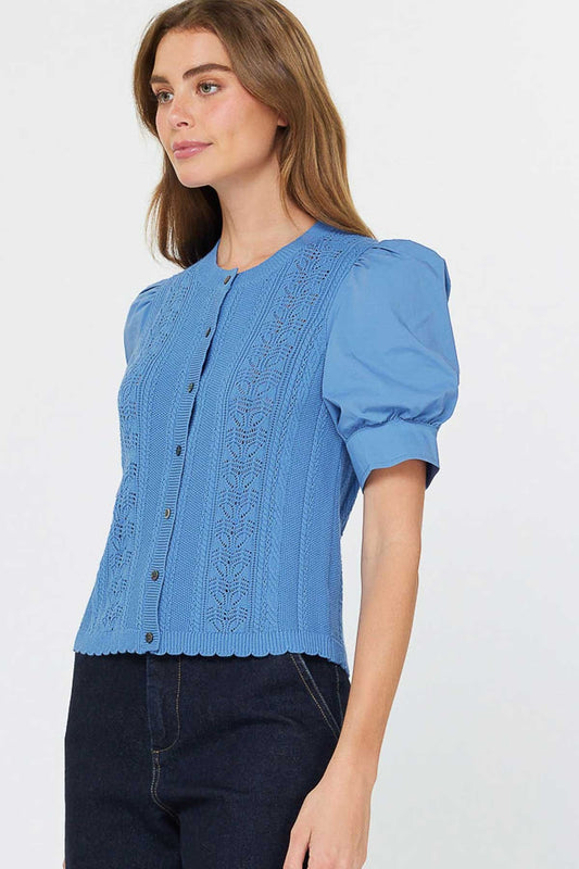 Woven Puff Sleeve Button Down Sweater